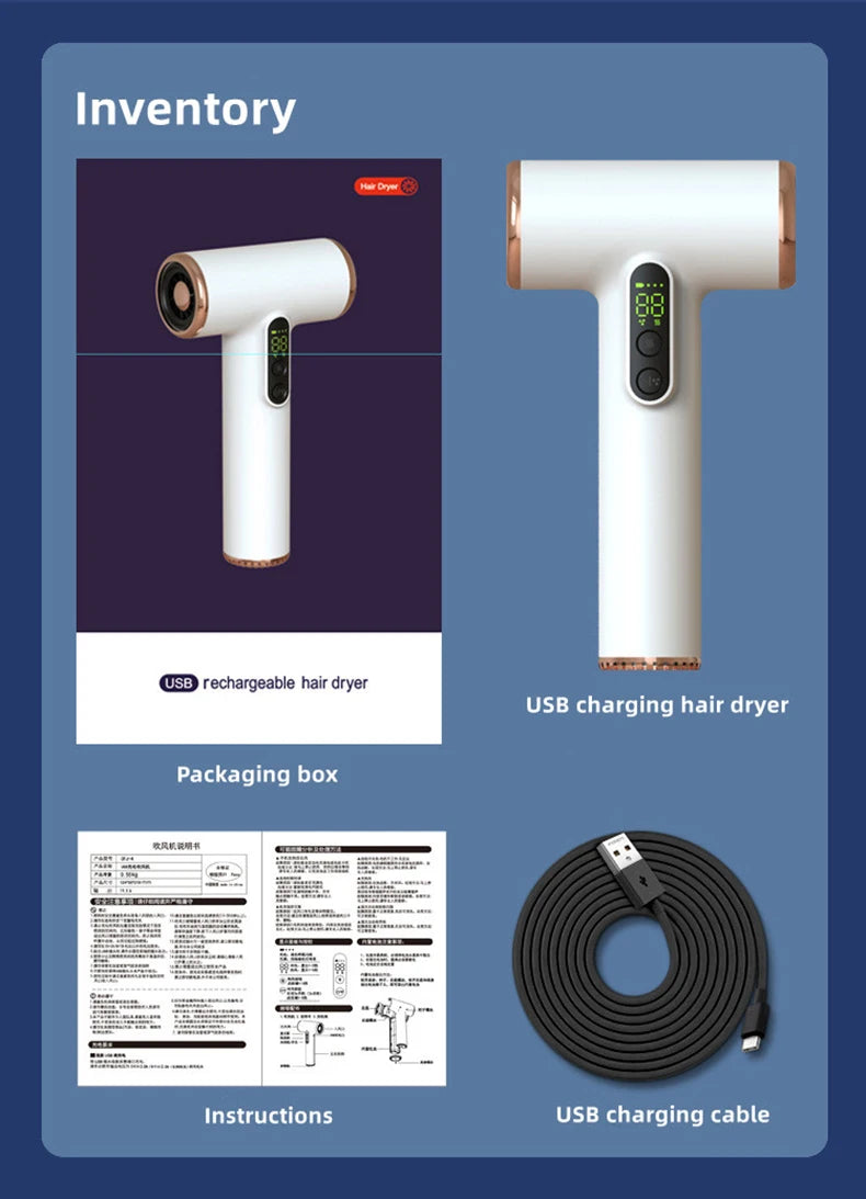 مجفف شعر لاسلكي قابل لإعادة الشحن مع شاشة LED وسرعة عالية 30000 دورة في الدقيقة مجفف محمول صغير للسفر والإقامة الجامعية و المنزل