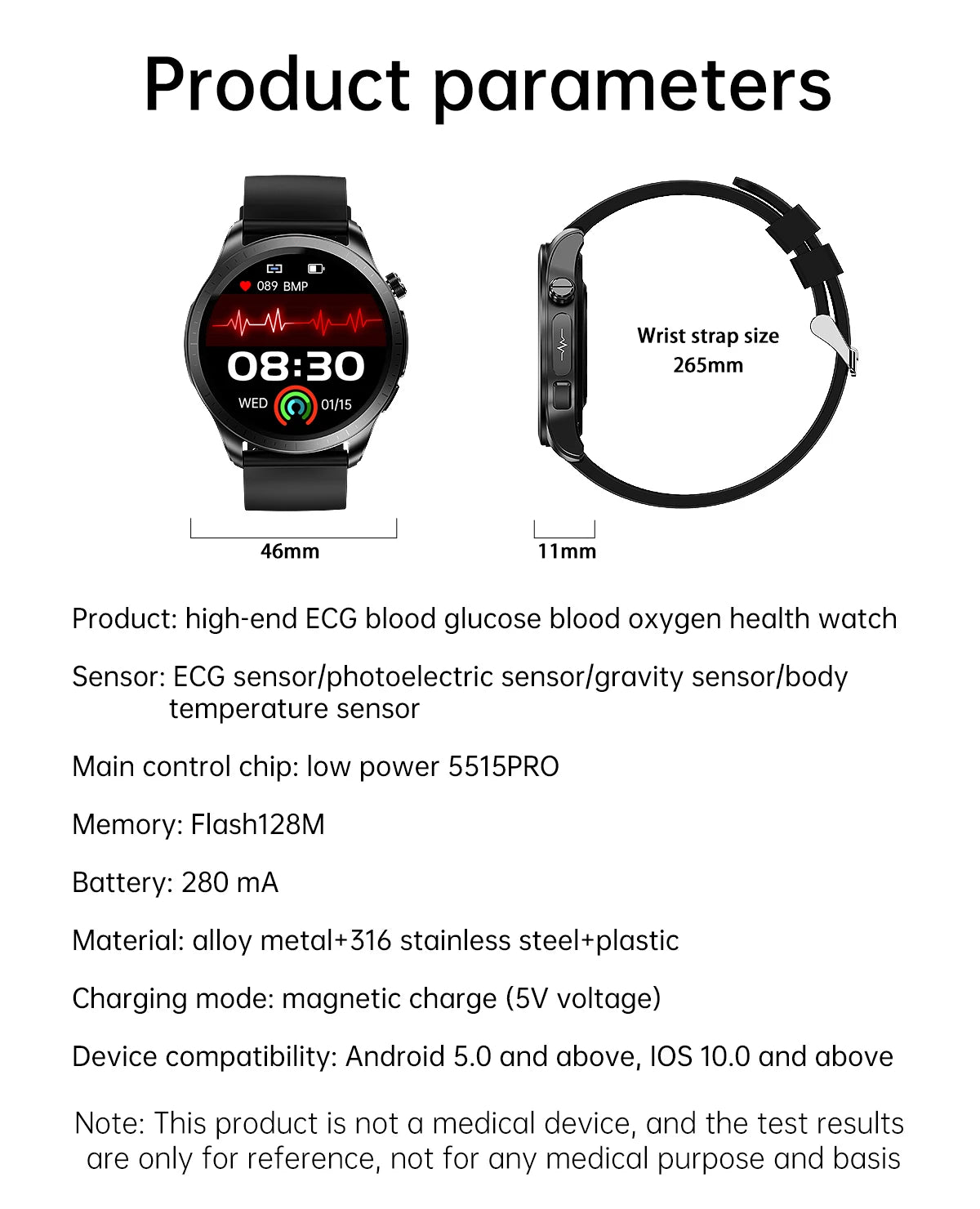 ساعة ذكية ECG+PPG مع قياس مستوى السكر في الدم ودرجة حرارة الجسم وقياس ضغط الدم ومعدل ضربات القلب - ساعة صحية جديدة لعام 2024