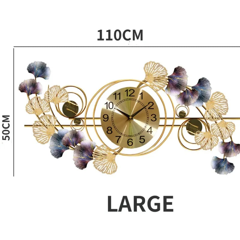 ساعة جدارية فاخرة بتصميم ورقة الجنكو المعدنية لغرفة المعيشة، ساعة ضوء إبداعية مزينة، ساعات كواتز صامتة للديكور المنزلي