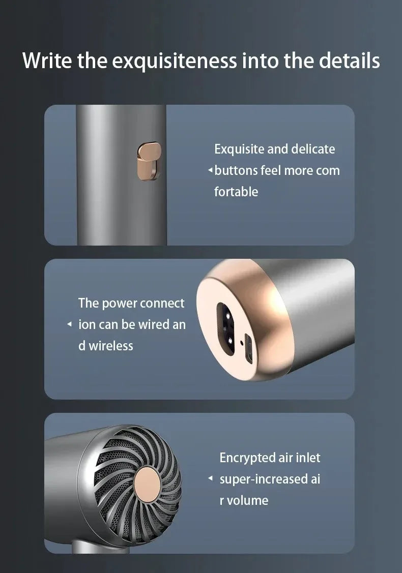 مجفف شعر محمول بقوة عالية مع شحن لاسلكي وقابل لإعادة الشحن عبر USB – مجفف شعر سريع للجفاف في المنزل للسفر بدون سلك