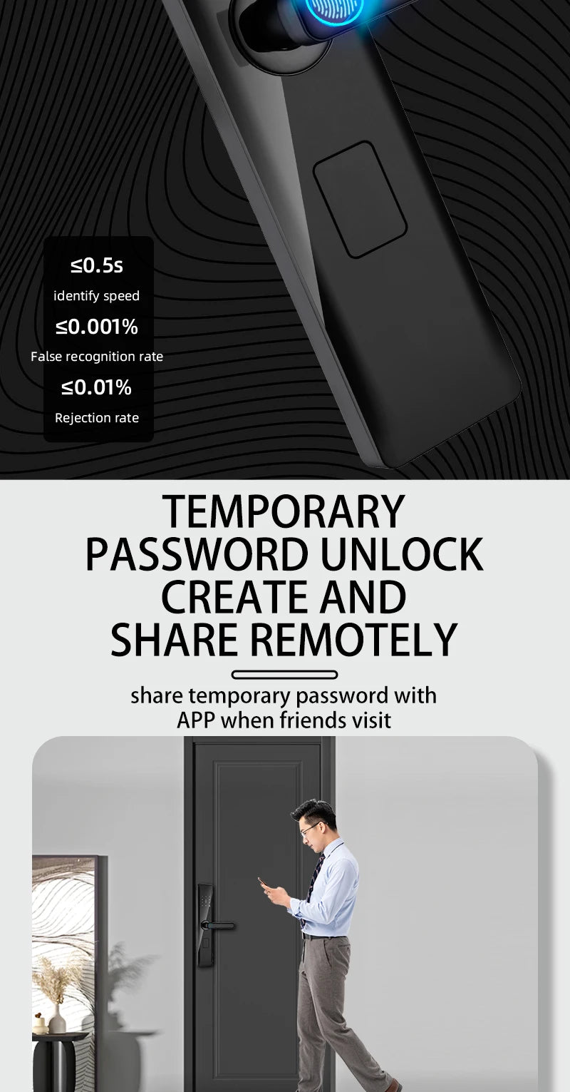 قفل ذكي لاسلكي من تويا مع بصمة إصبع وكلمة مرور وفتح بواسطة بطاقة IC دعم شحن USB الطارئ مع إمكانية ضبط اتجاه المقبض