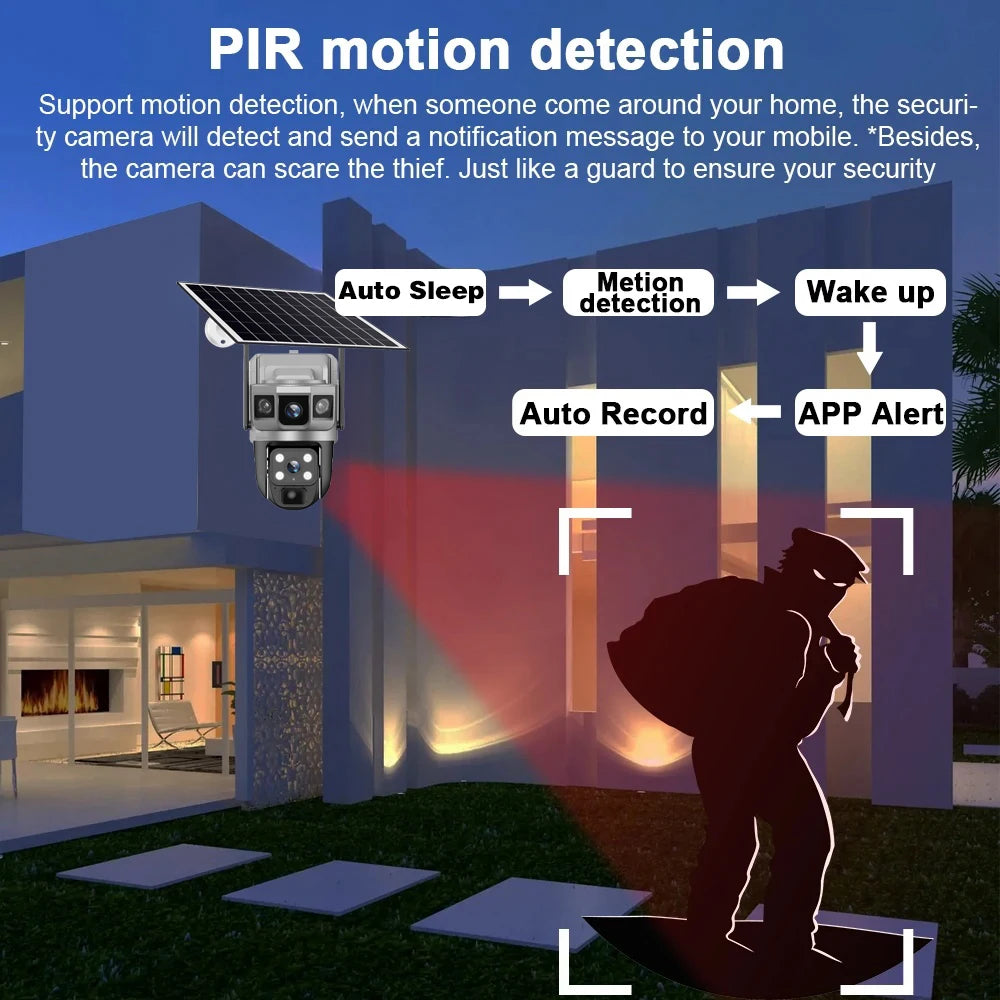 كاميرا مراقبة شمسية 4G بمستشعر 12MP وعدستين وثلاث شاشات تتبع تلقائي في الهواء الطلق بدقة 6K مع إمكانية PTZ