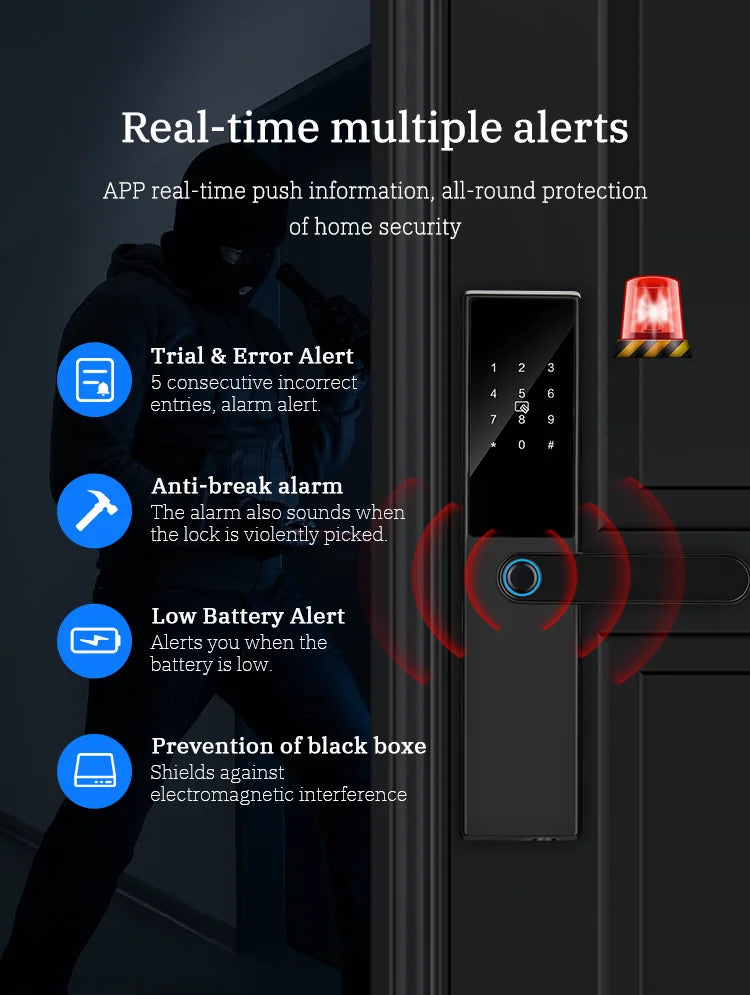 قفل باب ذكي بصمة إصبع بتقنية البلوتوث مع تطبيق TTLock وبطاقة مفتاح ورقم سري للأمان وقفل إلكتروني رقمي للمنزل
