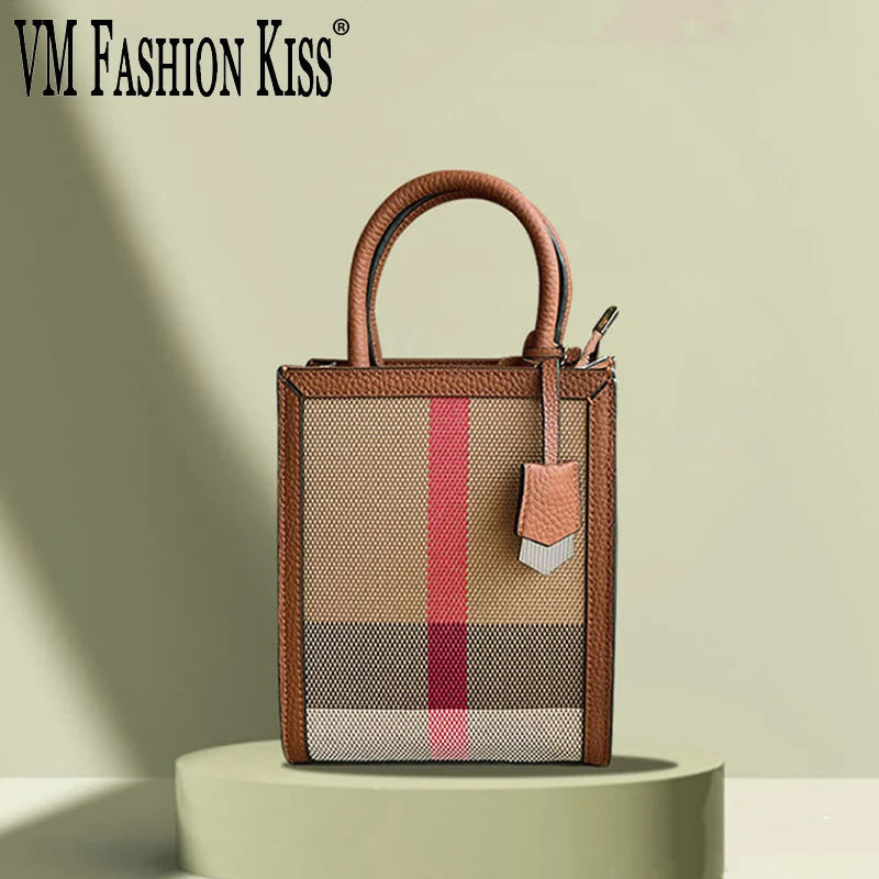 حقيبة تسوق أنيقة صغيرة بخطوط مميزة من VM FASHION KISS، مصنوعة من القماش والجلد البقرى، حقيبة كتف عالية الجودة، موضة 2022 للنساء