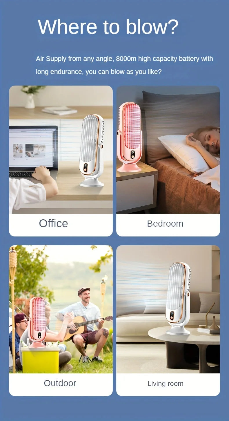 مروحة تكييف هواء محمولة، بطارية كبيرة، محركين كهربائيين مزدوجين، مروحة تبريد هواء بخمسة سرعات، 720 درجة دوران