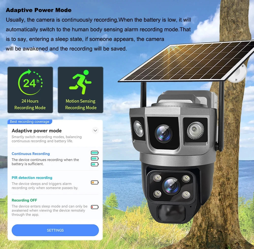 كاميرا شمسية للأمان مع واي فاي 4G بدقة 6K و12 ميجابكسل - كاميرا CCTV خارجية مزودة بثلاث شاشات ورؤية ليلية بالأشعة تحت الحمراء ومقاومة للماء
