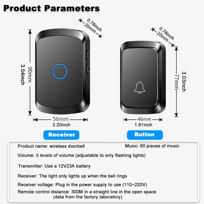 جرس باب لاسلكي ذكي EZHEN مع مدى 300 متر و60 نغمة موسيقية - خيار القابس الأمريكي أو الأوروبي