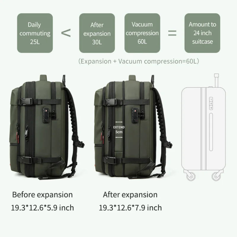 حقيبة سفر هوائية للرجال بسعة 60 لتر مع حقيبة ضغط فراغ وقربة كهربائية لتوفير المساحة