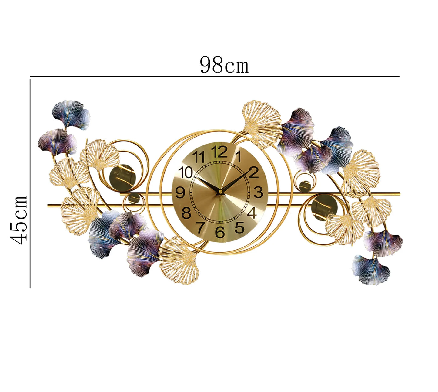 ساعة جدارية فاخرة بتصميم ورقة الجنكو المعدنية لغرفة المعيشة، ساعة ضوء إبداعية مزينة، ساعات كواتز صامتة للديكور المنزلي