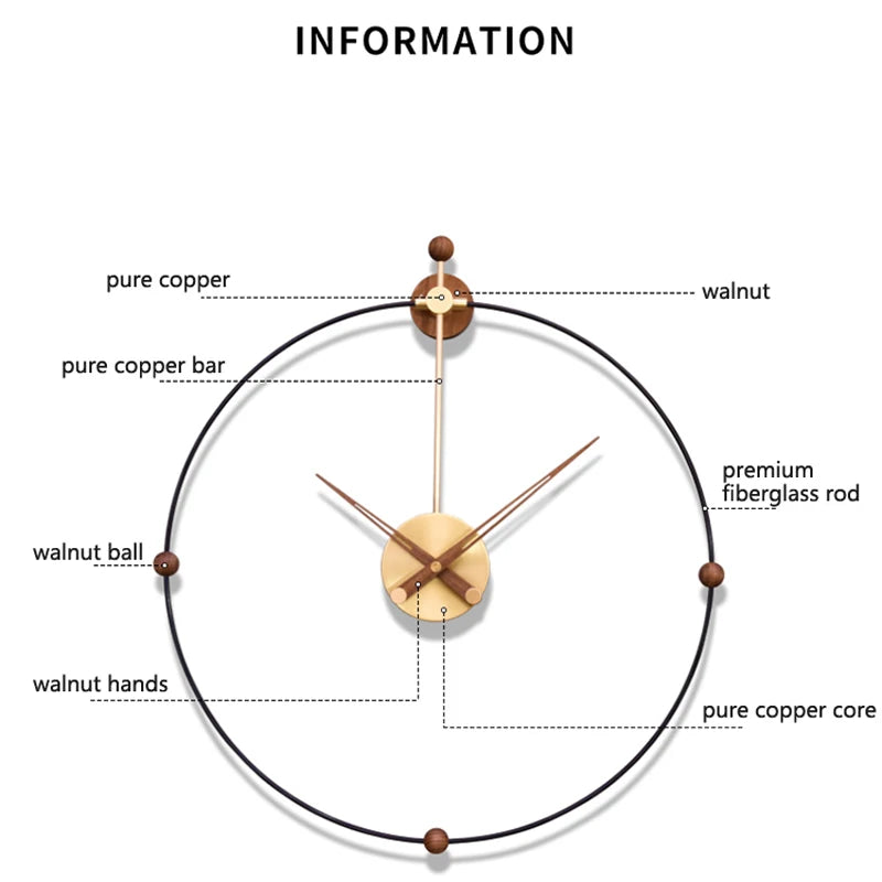ساعة حائط كبيرة فاخرة من الخشب والمعدن بتصميم أوروبي فن الحديد لديكور المنزل، ساعة كوارتز مصنوعة من خشب الجوز، ساعة معلقة ضخمة 50 سم