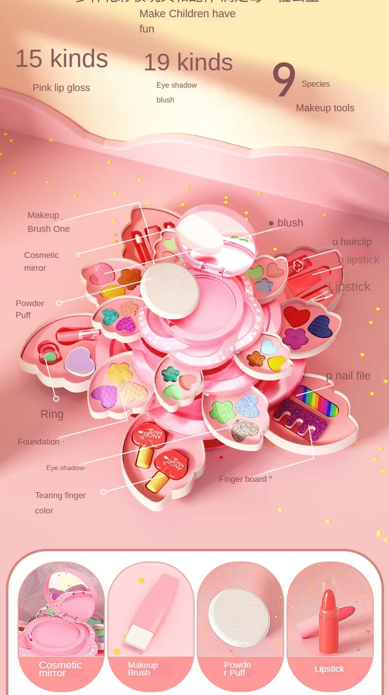 صندوق مكياج دوار للأطفال - مجموعة مكياج للأميرات لتعزيز الإبداع والخيال للفتيات الصغار