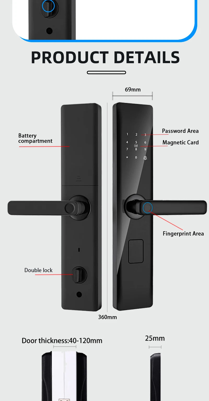 قفل ذكي لاسلكي من تويا مع بصمة إصبع وكلمة مرور وفتح بواسطة بطاقة IC دعم شحن USB الطارئ مع إمكانية ضبط اتجاه المقبض