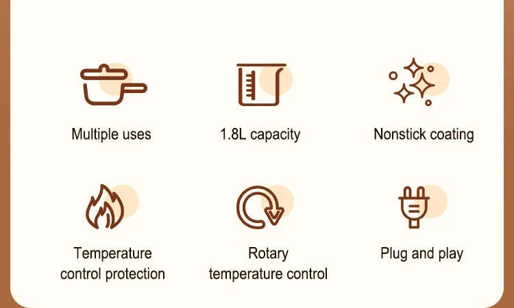 وعاء كهربائي متعدد الوظائف بسعة 1.8 لتر، وعاء غير لاصق معزول، مناسب للمنزل والسفر، طباخ أرز محمول، ومقلاة، ووعاء ساخن.