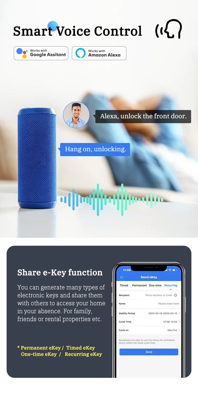 قفل باب ذكي باللمس مع بصمة الأصبع وBluetooth وتطبيق TTLock - قفل إلكتروني أمان رقمي للمنازل