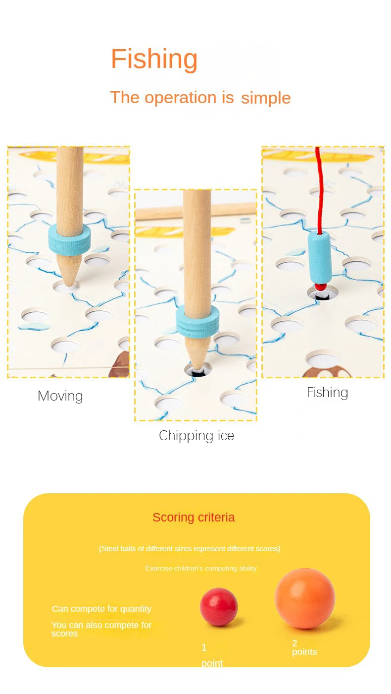 لعبة لوحية صيد البطاريق الخشبية المغناطيسية للأطفال من 4 سنوات فما فوق - تفاعل ممتع بين الوالدين والأطفال