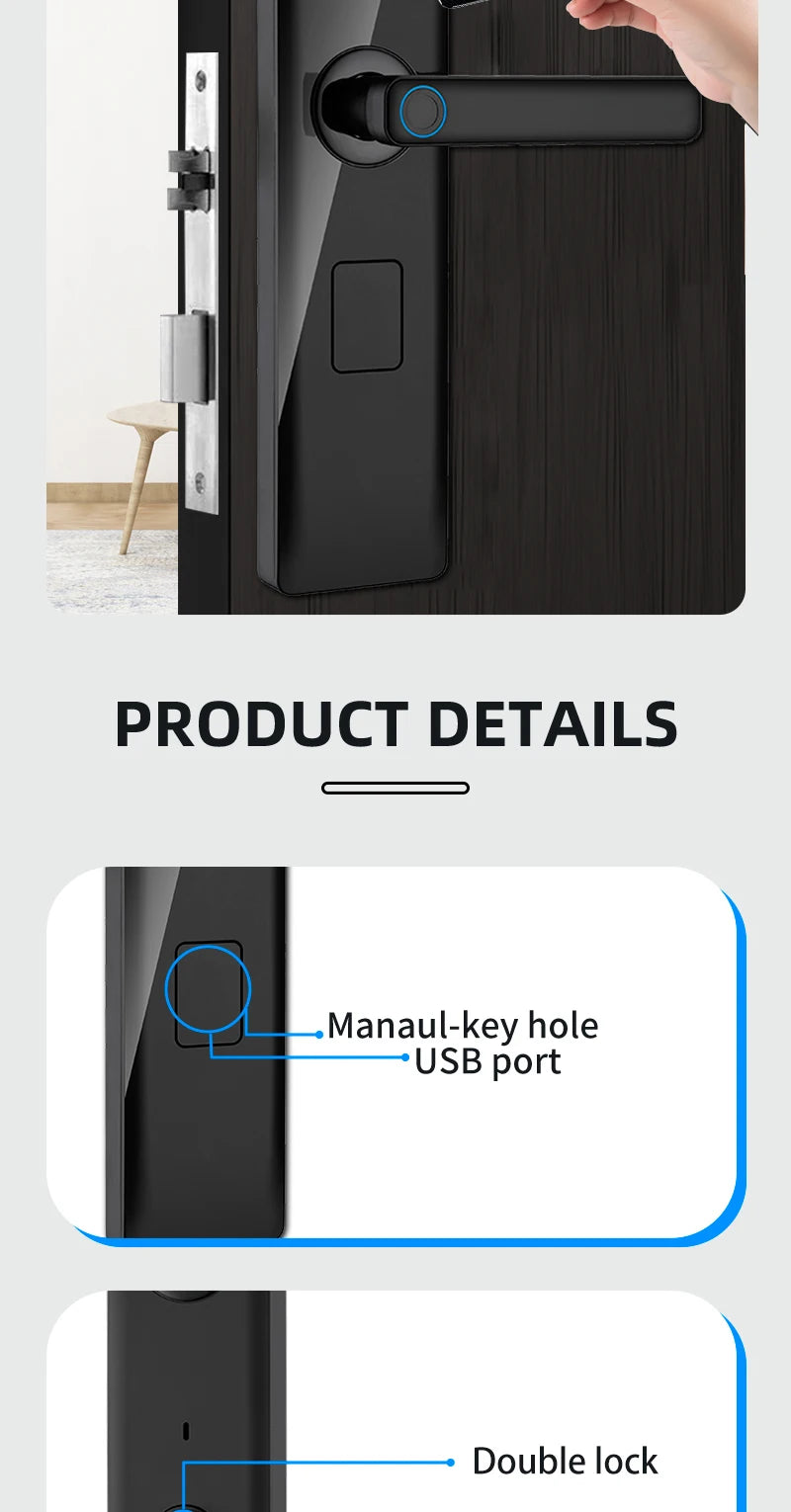 قفل ذكي لاسلكي من تويا مع بصمة إصبع وكلمة مرور وفتح بواسطة بطاقة IC دعم شحن USB الطارئ مع إمكانية ضبط اتجاه المقبض