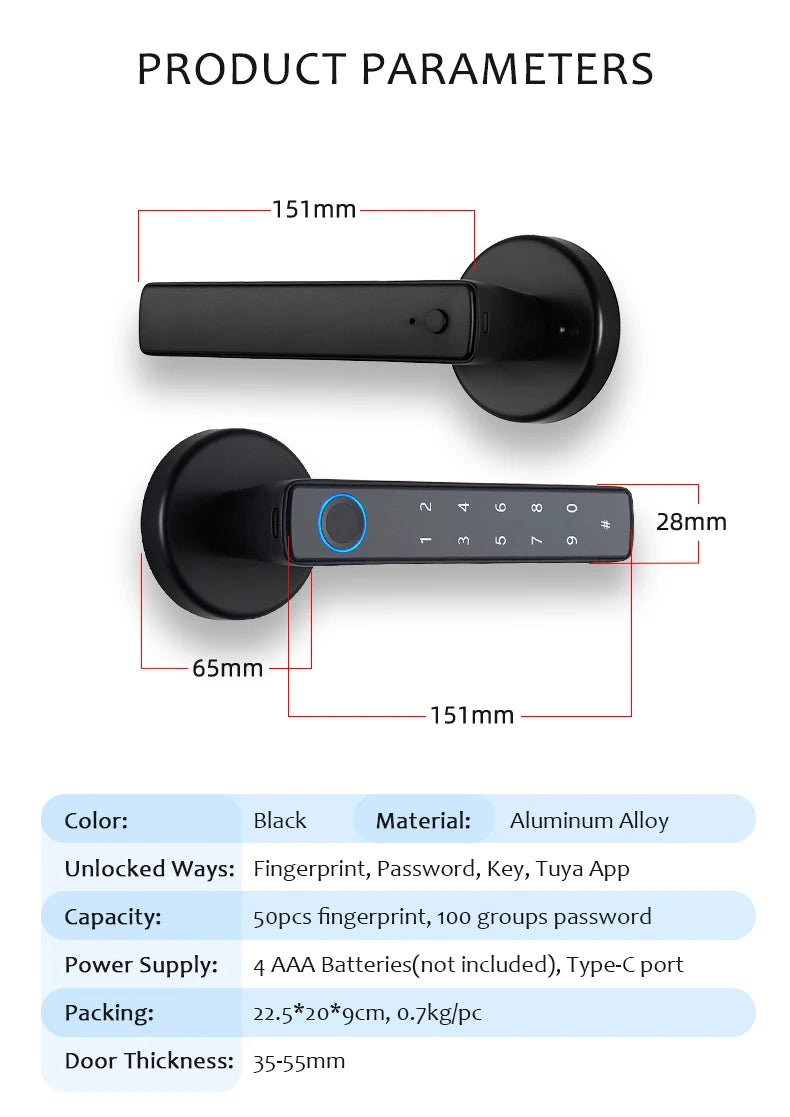 قفل باب ذكي بالبصمة من تويا مع Bluetooth، قفل رقمي بدون مفتاح، أمان منزلي مع إمكانية التحكم عن بعد