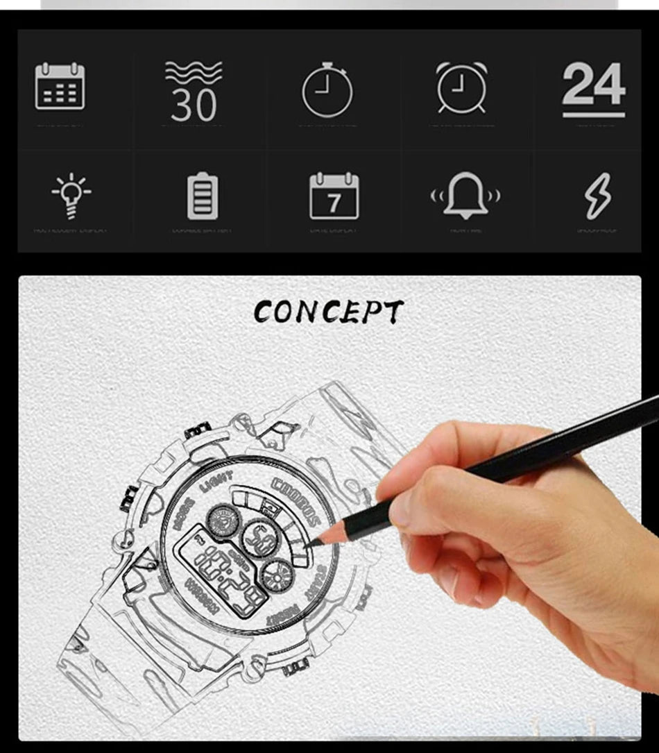 ساعة إلكترونية للأطفال مع قرص مضيء وساعة رياضية عسكرية مقاومة للماء متعددة الوظائف