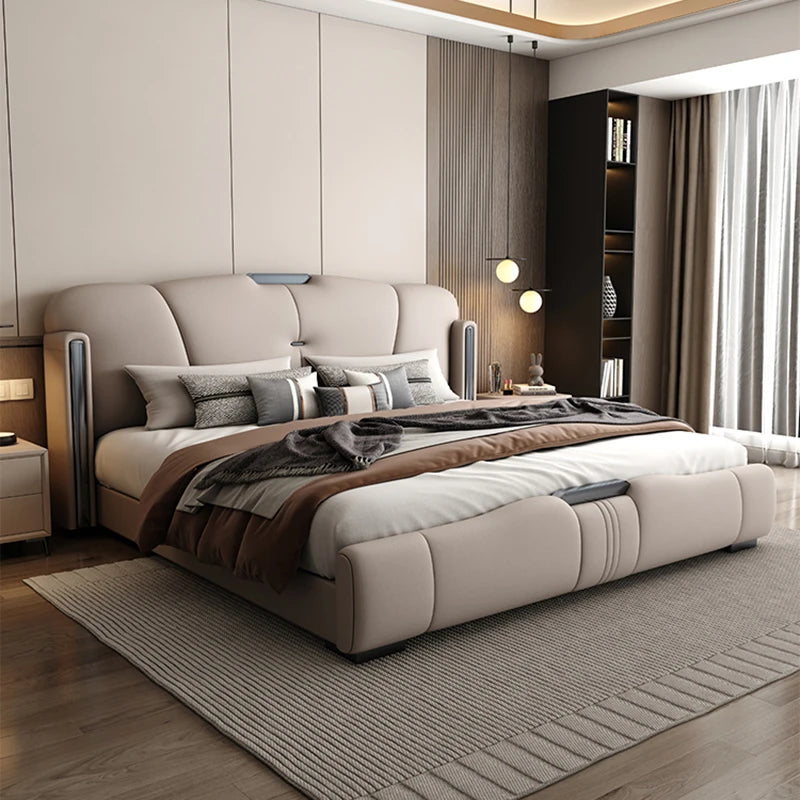 سرير مزدوج بإطار جلد أنيق بتصميم أوروبي عصري مع comforter جميل - سرير ملكي إيطالي من الخشب الفاخر مع مجموعة غرفة نوم فاخرة