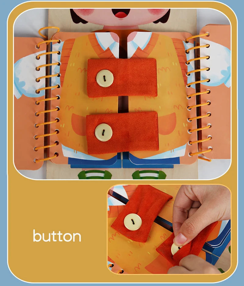 لوحة مشغولة للأطفال لتعزيز مهارات التعلم المبكر في ارتداء الملابس - لعبة تعليمية مونتيسوري للأطفال من 0-6 سنوات تشمل السحاب، الرباط، الفيلكرو، والأزرار