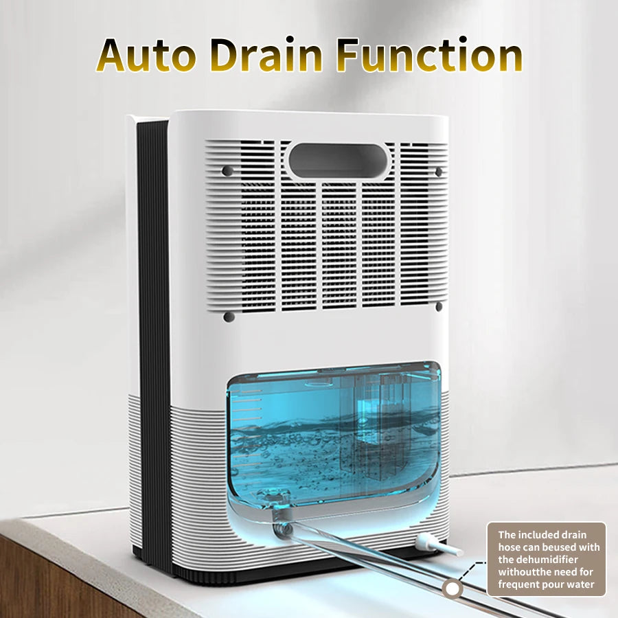 مجفف هواء محمول، ماص رطوبة هادئ مع تصريف تلقائي/يدوي للاستخدام في المنزل وغرفة النوم والمكتب والمطبخ - قابس EU/US
