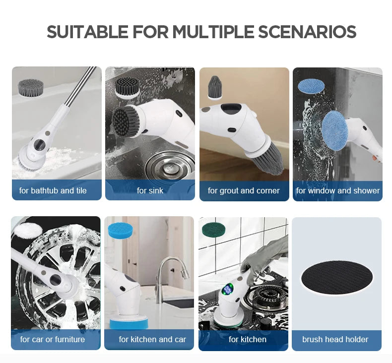 فرشاة تنظيف كهربائية متعددة الوظائف 8 في 1 مع ضوء LED ليلي وقابلة للتدوير لتنظيف المنزل والمطبخ والحمام
